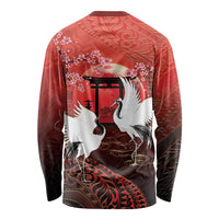 Hawaii and Japan Together Long Sleeve Shirt Polynesian Art Tattoo With Cranes And Sakura LT05 - Polynesian Pride