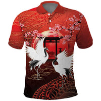 Hawaii and Japan Together Polo Shirt Polynesian Art Tattoo With Cranes And Sakura LT05 Red - Polynesian Pride