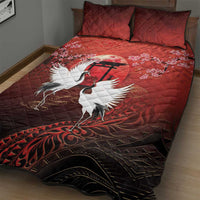 Hawaii and Japan Together Quilt Bed Set Polynesian Art Tattoo With Cranes And Sakura - Polynesian Pride