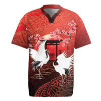 Hawaii and Japan Together Rugby Jersey Polynesian Art Tattoo With Cranes And Sakura LT05 Red - Polynesian Pride