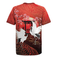 Hawaii and Japan Together Rugby Jersey Polynesian Art Tattoo With Cranes And Sakura - Polynesian Pride