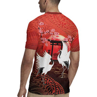 Hawaii and Japan Together Rugby Jersey Polynesian Art Tattoo With Cranes And Sakura LT05 - Polynesian Pride