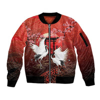 Hawaii and Japan Together Sleeve Zip Bomber Jacket Polynesian Art Tattoo With Cranes And Sakura LT05 Unisex Red - Polynesian Pride