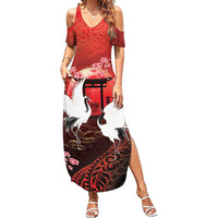 Hawaii and Japan Together Summer Maxi Dress Polynesian Art Tattoo With Cranes And Sakura LT05 Women Red - Polynesian Pride