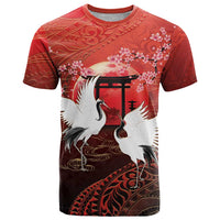 Hawaii and Japan Together T Shirt Polynesian Art Tattoo With Cranes And Sakura LT05 Red - Polynesian Pride
