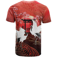 Hawaii and Japan Together T Shirt Polynesian Art Tattoo With Cranes And Sakura LT05 - Polynesian Pride