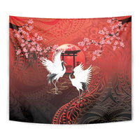 Hawaii and Japan Together Tapestry Polynesian Art Tattoo With Cranes And Sakura - Polynesian Pride