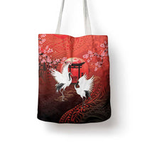 Hawaii and Japan Together Tote Bag Polynesian Art Tattoo With Cranes And Sakura - Polynesian Pride