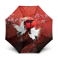 Hawaii and Japan Together Umbrella Polynesian Art Tattoo With Cranes And Sakura LT05 One Size Folded 11.42 inch Opened Diameter 37.4 inch Red - Polynesian Pride