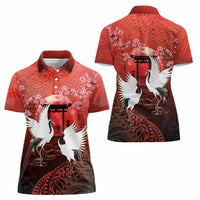 Hawaii and Japan Together Women Polo Shirt Polynesian Art Tattoo With Cranes And Sakura - Polynesian Pride
