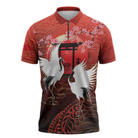 Hawaii and Japan Together Zipper Polo Shirt Polynesian Art Tattoo With Cranes And Sakura - Polynesian Pride