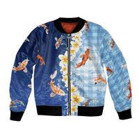 Hawaii And Japan Bomber Jacket Plumeria Lei With Koi Fish Blue LT05 Unisex Blue - Polynesian Pride