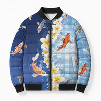 Hawaii And Japan Bomber Puffer Jacket Plumeria Lei With Koi Fish Blue LT05 Unisex Blue - Polynesian Pride