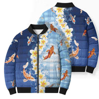 Hawaii And Japan Bomber Puffer Jacket Plumeria Lei With Koi Fish Blue LT05 - Polynesian Pride