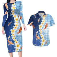 Hawaii And Japan Couples Matching Long Sleeve Bodycon Dress and Hawaiian Shirt Plumeria Lei With Koi Fish Blue - Polynesian Pride
