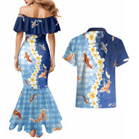 Hawaii And Japan Couples Matching Mermaid Dress and Hawaiian Shirt Plumeria Lei With Koi Fish Blue - Polynesian Pride