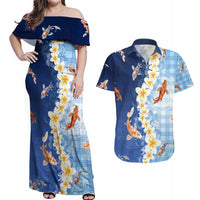 Hawaii And Japan Couples Matching Off Shoulder Maxi Dress and Hawaiian Shirt Plumeria Lei With Koi Fish Blue LT05 Blue - Polynesian Pride
