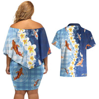 Hawaii And Japan Couples Matching Off Shoulder Short Dress and Hawaiian Shirt Plumeria Lei With Koi Fish Blue - Polynesian Pride