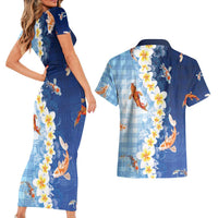 Hawaii And Japan Couples Matching Short Sleeve Bodycon Dress and Hawaiian Shirt Plumeria Lei With Koi Fish Blue - Polynesian Pride
