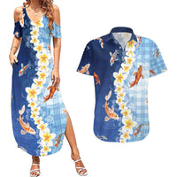 Hawaii And Japan Couples Matching Summer Maxi Dress and Hawaiian Shirt Plumeria Lei With Koi Fish Blue LT05 Blue - Polynesian Pride