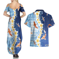 Hawaii And Japan Couples Matching Summer Maxi Dress and Hawaiian Shirt Plumeria Lei With Koi Fish Blue - Polynesian Pride