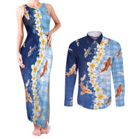 Hawaii And Japan Couples Matching Tank Maxi Dress and Long Sleeve Button Shirt Plumeria Lei With Koi Fish Blue - Polynesian Pride