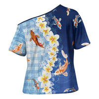 Hawaii And Japan Cross Shoulder Shirt Plumeria Lei With Koi Fish Blue LT05 - Polynesian Pride