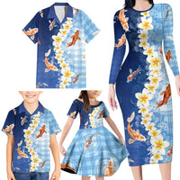 Hawaii And Japan Family Matching Long Sleeve Bodycon Dress and Hawaiian Shirt Plumeria Lei With Koi Fish Blue - Polynesian Pride