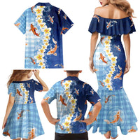Hawaii And Japan Family Matching Mermaid Dress and Hawaiian Shirt Plumeria Lei With Koi Fish Blue - Polynesian Pride