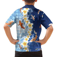 Hawaii And Japan Family Matching Off The Shoulder Long Sleeve Dress and Hawaiian Shirt Plumeria Lei With Koi Fish Blue - Polynesian Pride