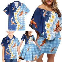Hawaii And Japan Family Matching Off Shoulder Short Dress and Hawaiian Shirt Plumeria Lei With Koi Fish Blue - Polynesian Pride