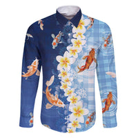 Hawaii And Japan Family Matching Off Shoulder Short Dress and Hawaiian Shirt Plumeria Lei With Koi Fish Blue - Polynesian Pride