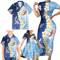 Hawaii And Japan Family Matching Short Sleeve Bodycon Dress and Hawaiian Shirt Plumeria Lei With Koi Fish Blue - Polynesian Pride