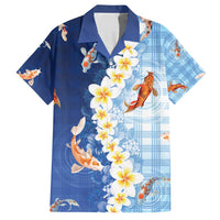 Hawaii And Japan Family Matching Short Sleeve Bodycon Dress and Hawaiian Shirt Plumeria Lei With Koi Fish Blue - Polynesian Pride