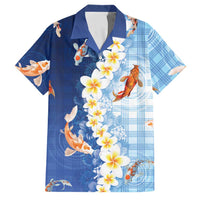 Hawaii And Japan Family Matching Short Sleeve Bodycon Dress and Hawaiian Shirt Plumeria Lei With Koi Fish Blue - Polynesian Pride