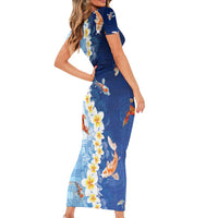Hawaii And Japan Family Matching Short Sleeve Bodycon Dress and Hawaiian Shirt Plumeria Lei With Koi Fish Blue - Polynesian Pride