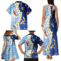 Hawaii And Japan Family Matching Tank Maxi Dress and Hawaiian Shirt Plumeria Lei With Koi Fish Blue - Polynesian Pride