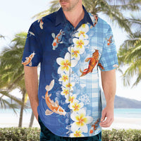 Hawaii And Japan Hawaiian Shirt Plumeria Lei With Koi Fish Blue - Polynesian Pride