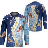 Hawaii And Japan Hockey Jersey Plumeria Lei With Koi Fish Blue LT05 - Polynesian Pride