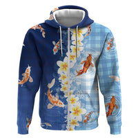 Hawaii And Japan Hoodie Plumeria Lei With Koi Fish Blue - Polynesian Pride