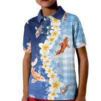 Hawaii And Japan Kid Polo Shirt Plumeria Lei With Koi Fish Blue LT05 Kid Blue - Polynesian Pride