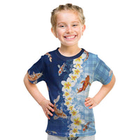Hawaii And Japan Kid T Shirt Plumeria Lei With Koi Fish Blue LT05 Blue - Polynesian Pride