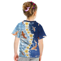 Hawaii And Japan Kid T Shirt Plumeria Lei With Koi Fish Blue LT05 - Polynesian Pride