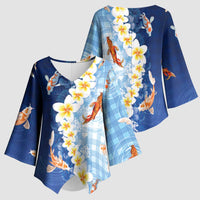 Hawaii And Japan Kimono Sleeve Blouse Plumeria Lei With Koi Fish Blue LT05 - Polynesian Pride