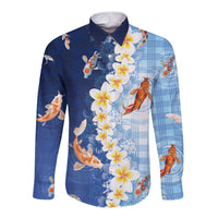 Hawaii And Japan Long Sleeve Button Shirt Plumeria Lei With Koi Fish Blue LT05 Unisex Blue - Polynesian Pride