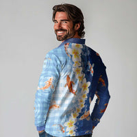 Hawaii And Japan Long Sleeve Polo Shirt Plumeria Lei With Koi Fish Blue LT05 - Polynesian Pride