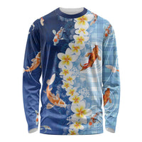 Hawaii And Japan Long Sleeve Shirt Plumeria Lei With Koi Fish Blue LT05 Unisex Blue - Polynesian Pride