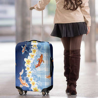 Hawaii And Japan Luggage Cover Plumeria Lei With Koi Fish Blue - Polynesian Pride