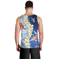 Hawaii And Japan Men Tank Top Plumeria Lei With Koi Fish Blue LT05 - Polynesian Pride