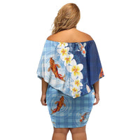 Hawaii And Japan Off Shoulder Short Dress Plumeria Lei With Koi Fish Blue - Polynesian Pride